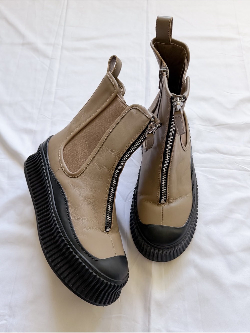 Monet Taupe Leather Zip-Front Platform Ankle Boots with Black Soles